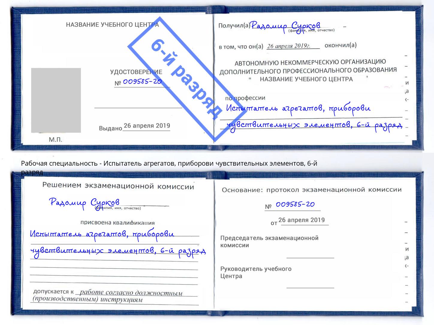 корочка 6-й разряд Испытатель агрегатов, приборови чувствительных элементов Дмитров