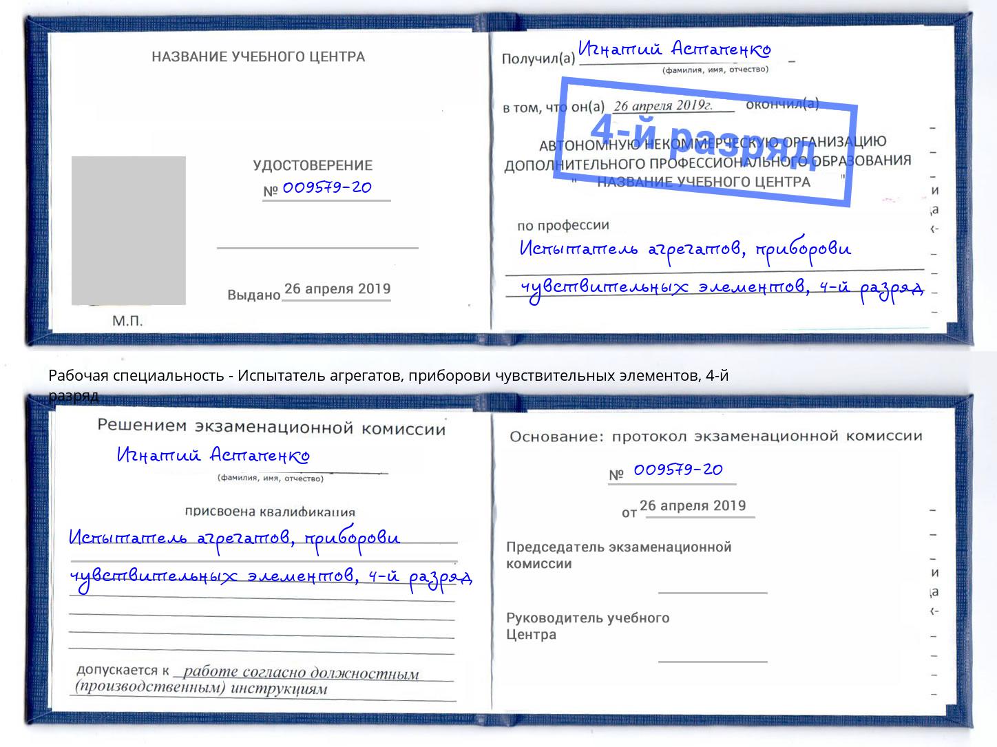 корочка 4-й разряд Испытатель агрегатов, приборови чувствительных элементов Дмитров