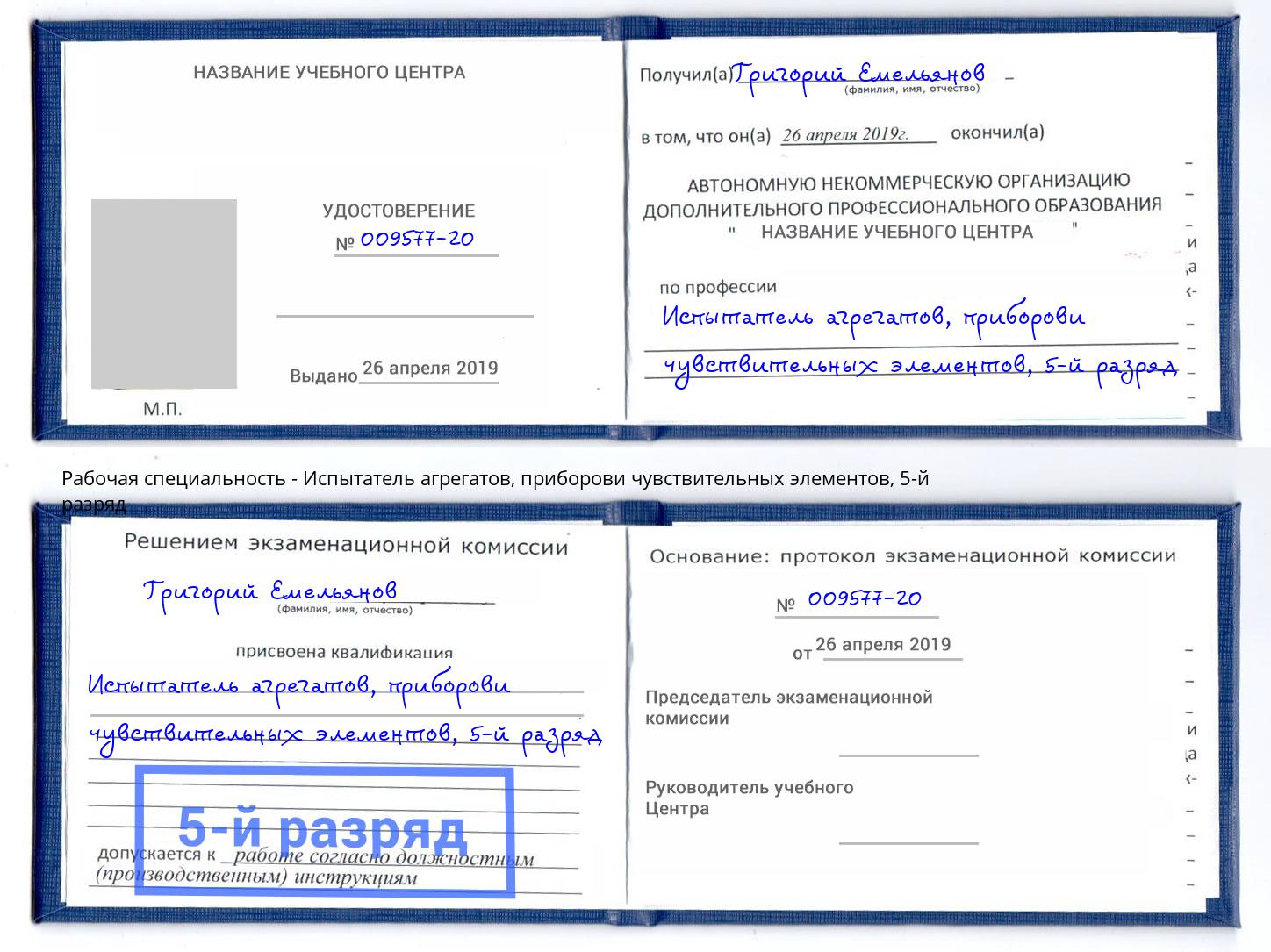 корочка 5-й разряд Испытатель агрегатов, приборови чувствительных элементов Дмитров