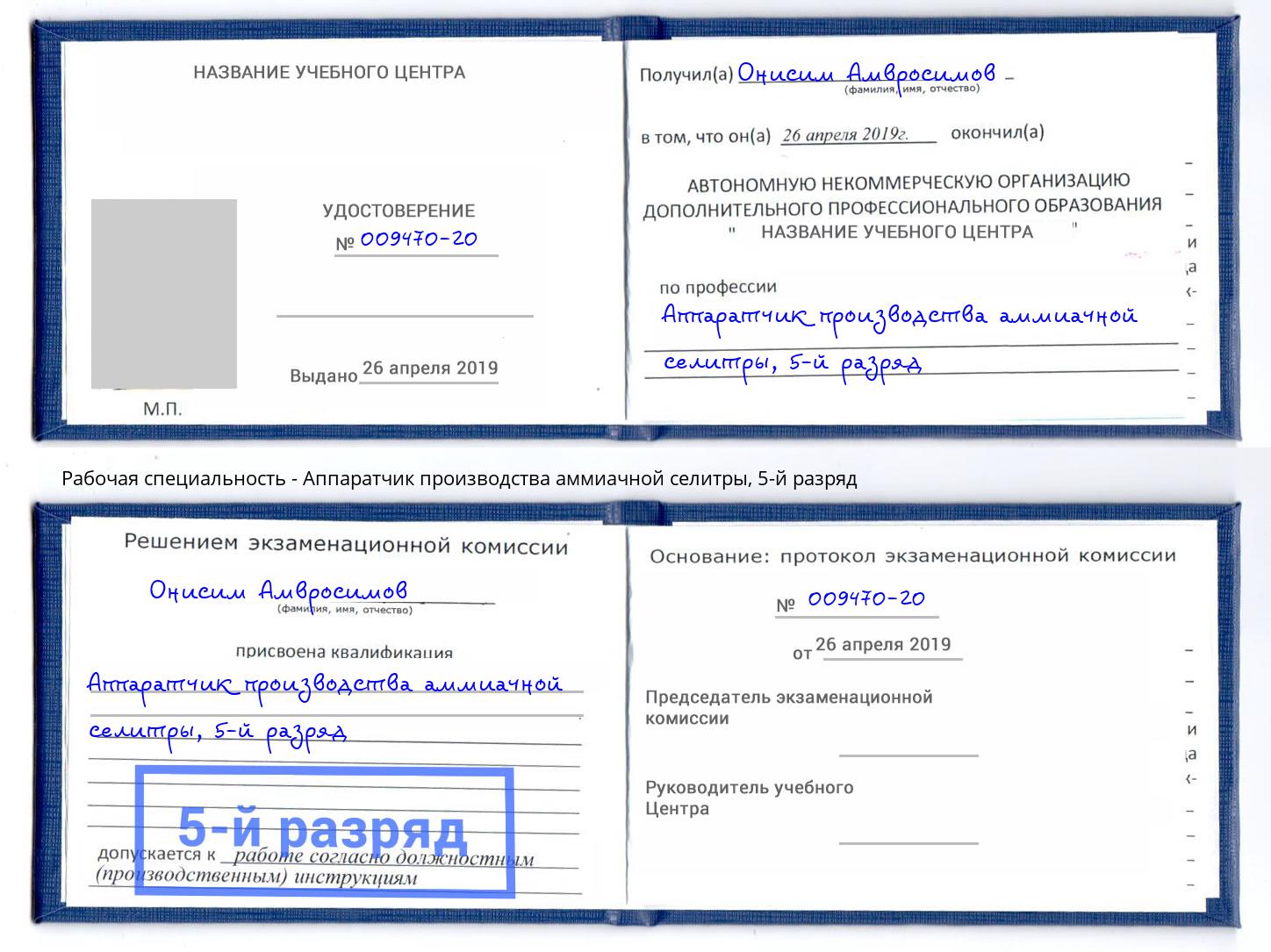 корочка 5-й разряд Аппаратчик производства аммиачной селитры Дмитров