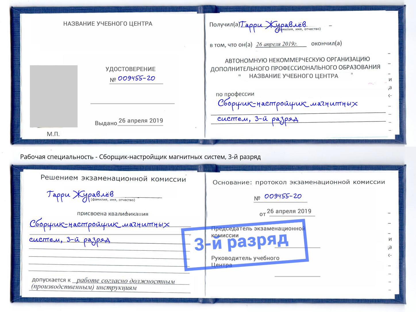 корочка 3-й разряд Сборщик-настройщик магнитных систем Дмитров