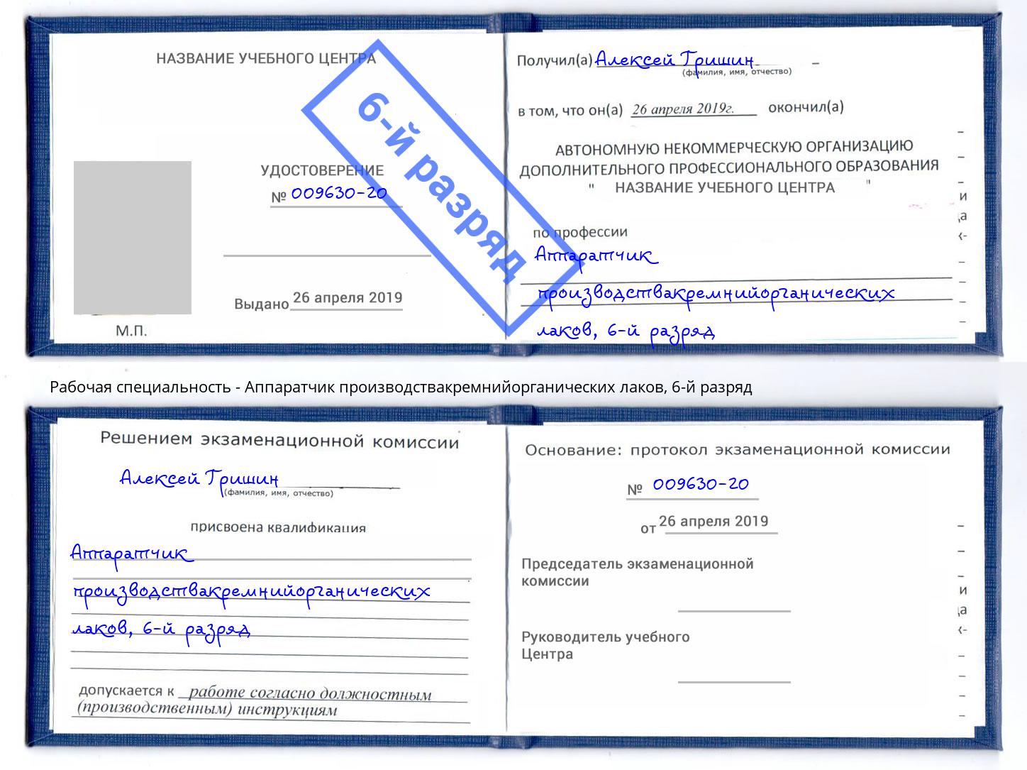 корочка 6-й разряд Аппаратчик производствакремнийорганических лаков Дмитров