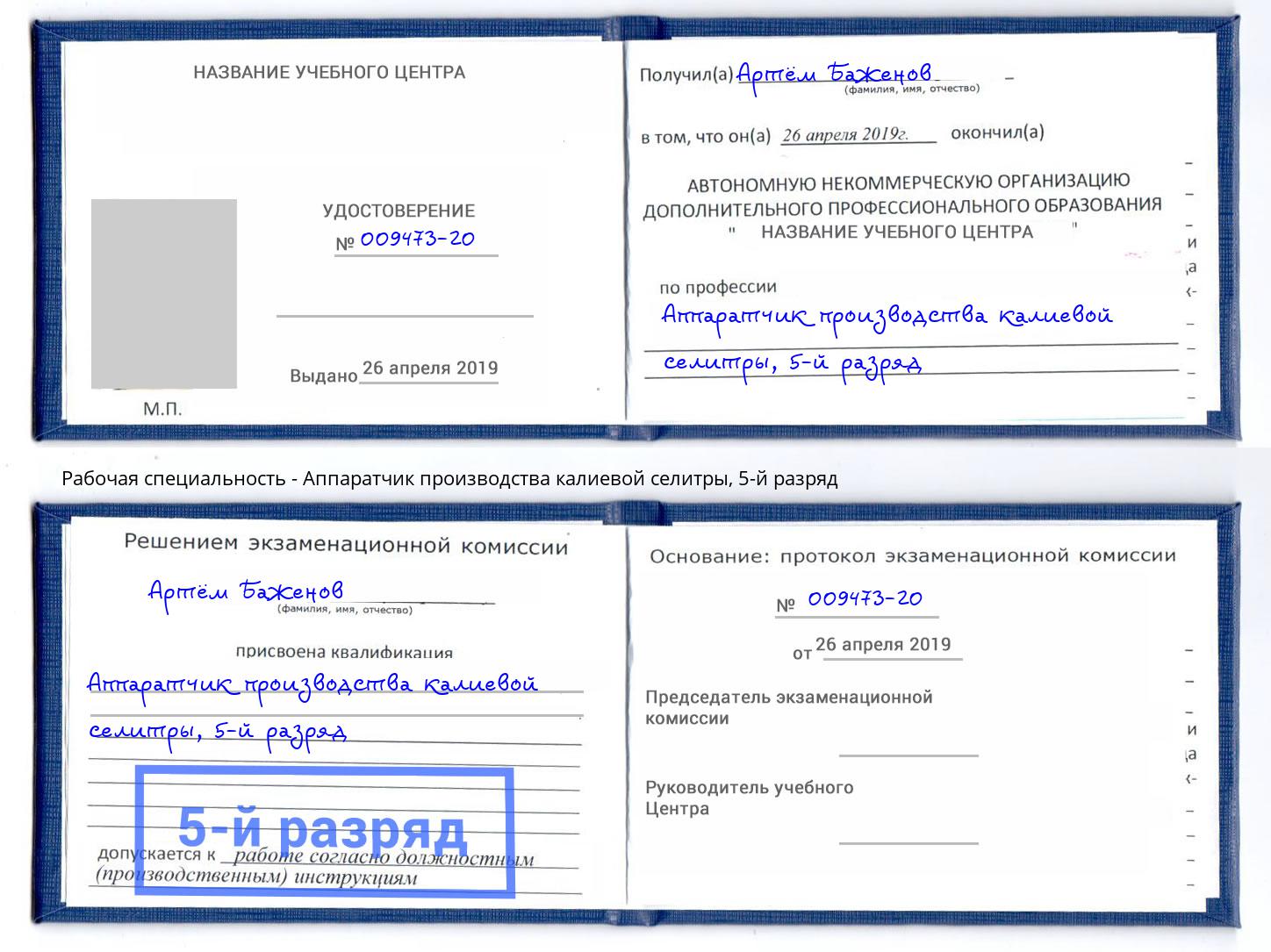 корочка 5-й разряд Аппаратчик производства калиевой селитры Дмитров
