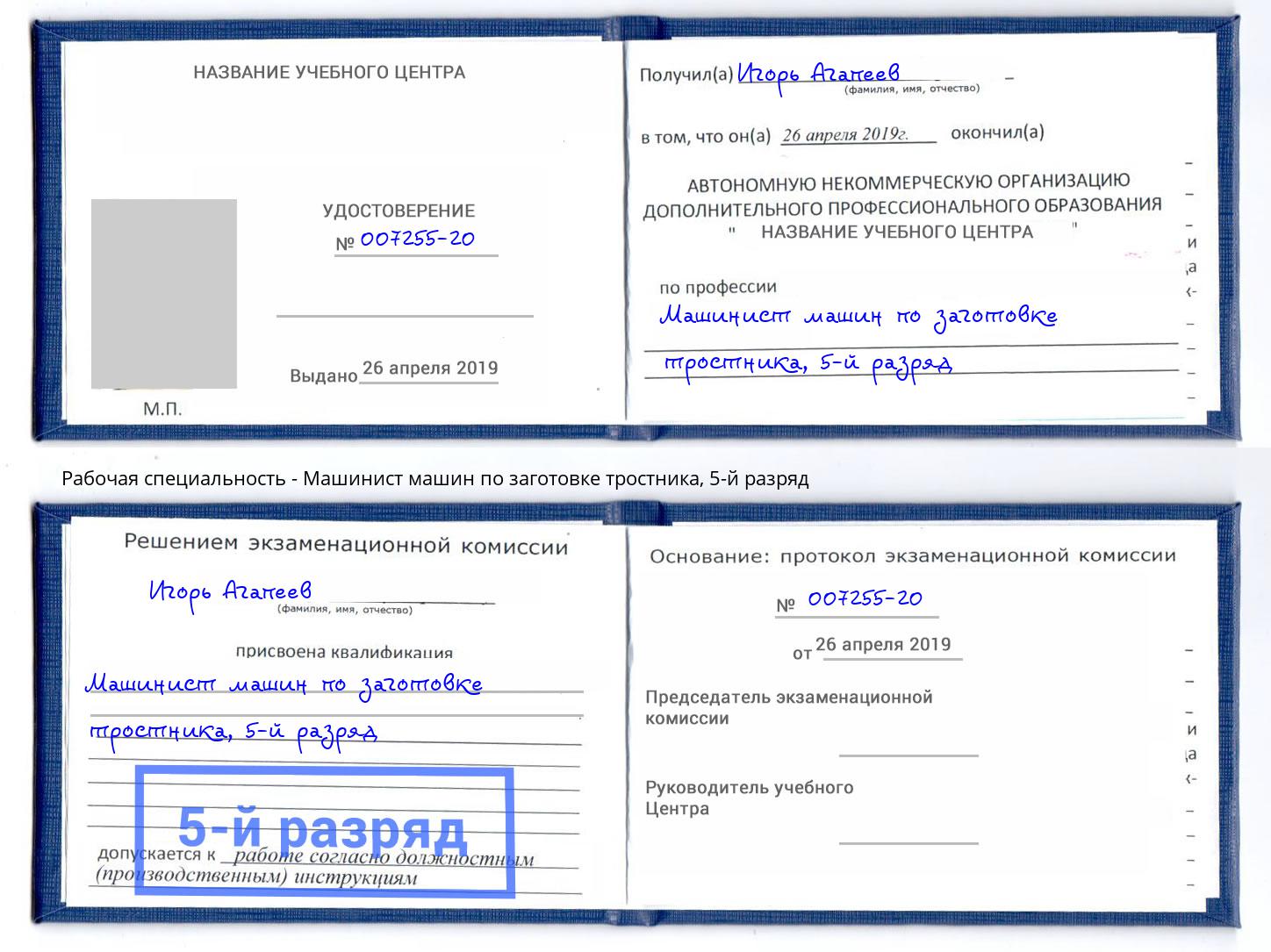 корочка 5-й разряд Машинист машин по заготовке тростника Дмитров