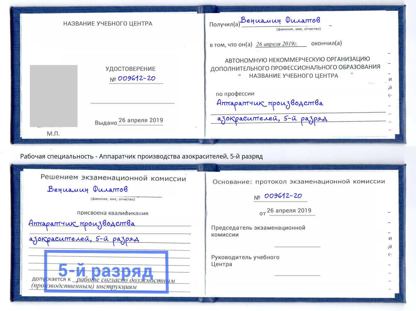 корочка 5-й разряд Аппаратчик производства азокрасителей Дмитров
