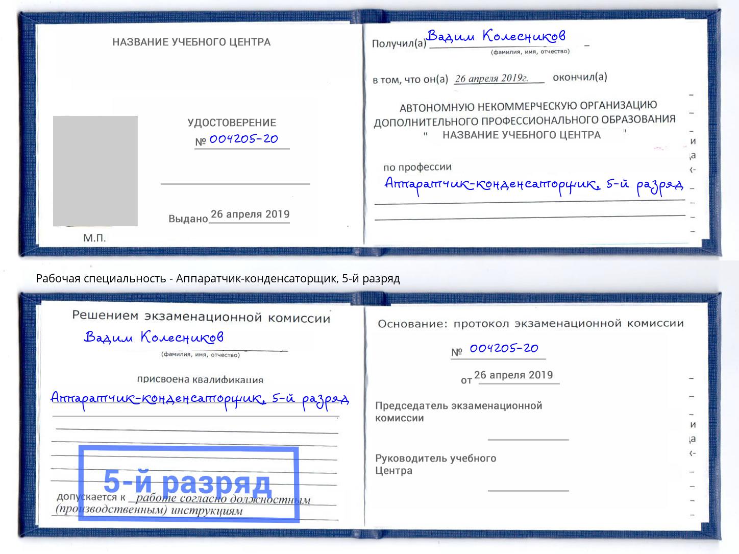 корочка 5-й разряд Аппаратчик-конденсаторщик Дмитров