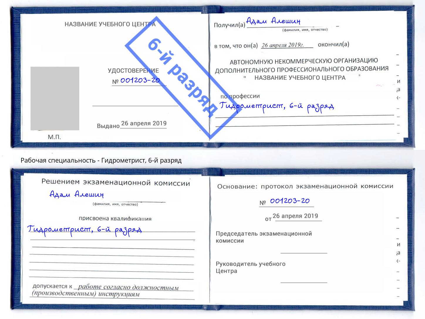 корочка 6-й разряд Гидрометрист Дмитров