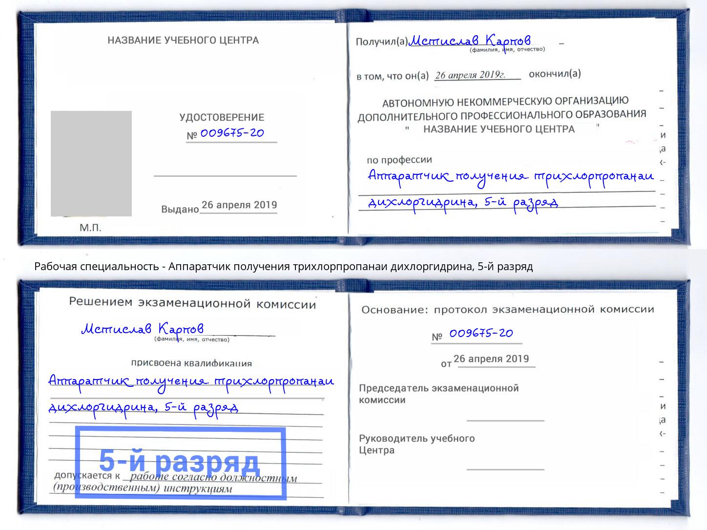 корочка 5-й разряд Аппаратчик получения трихлорпропанаи дихлоргидрина Дмитров