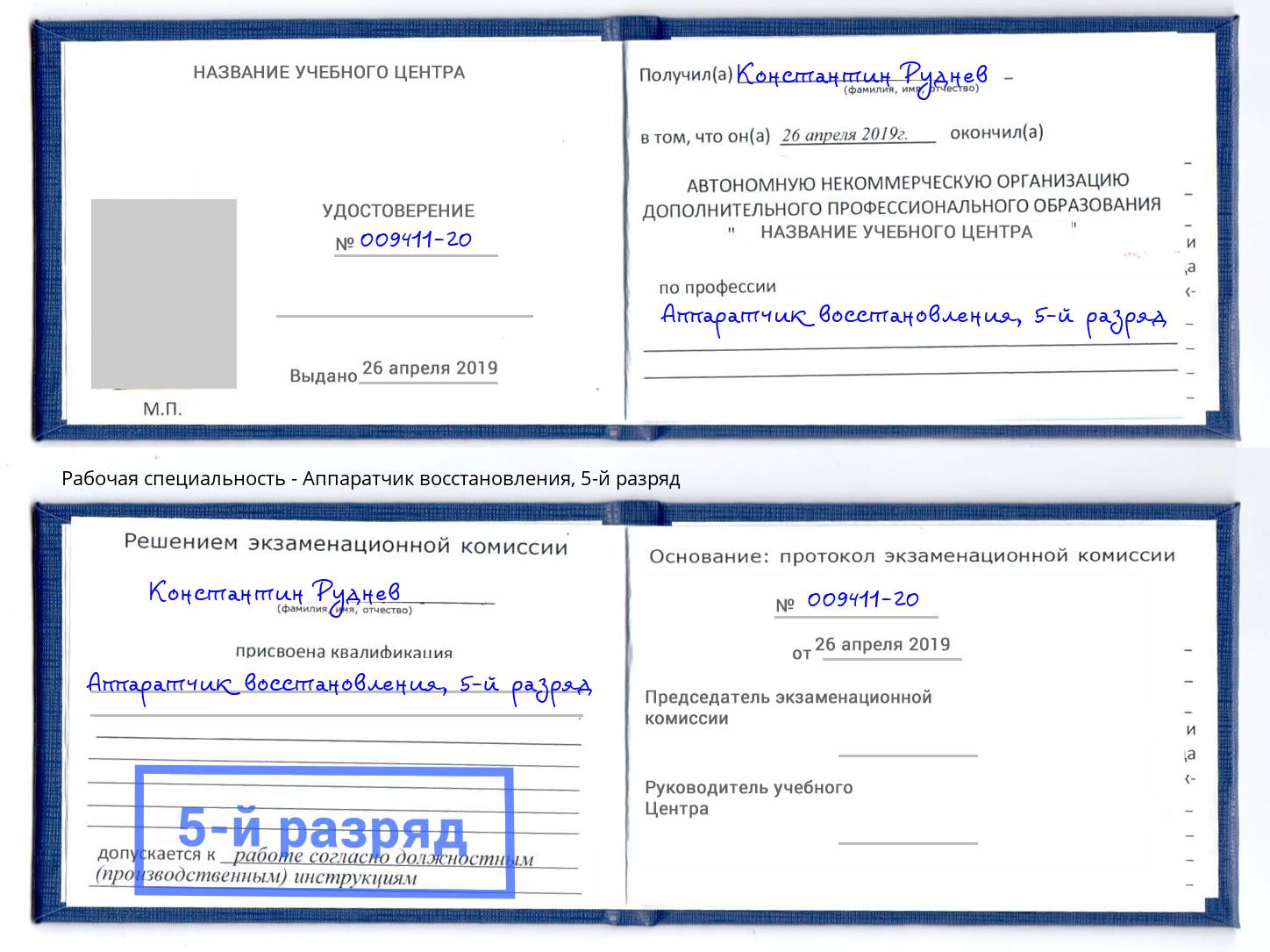 корочка 5-й разряд Аппаратчик восстановления Дмитров