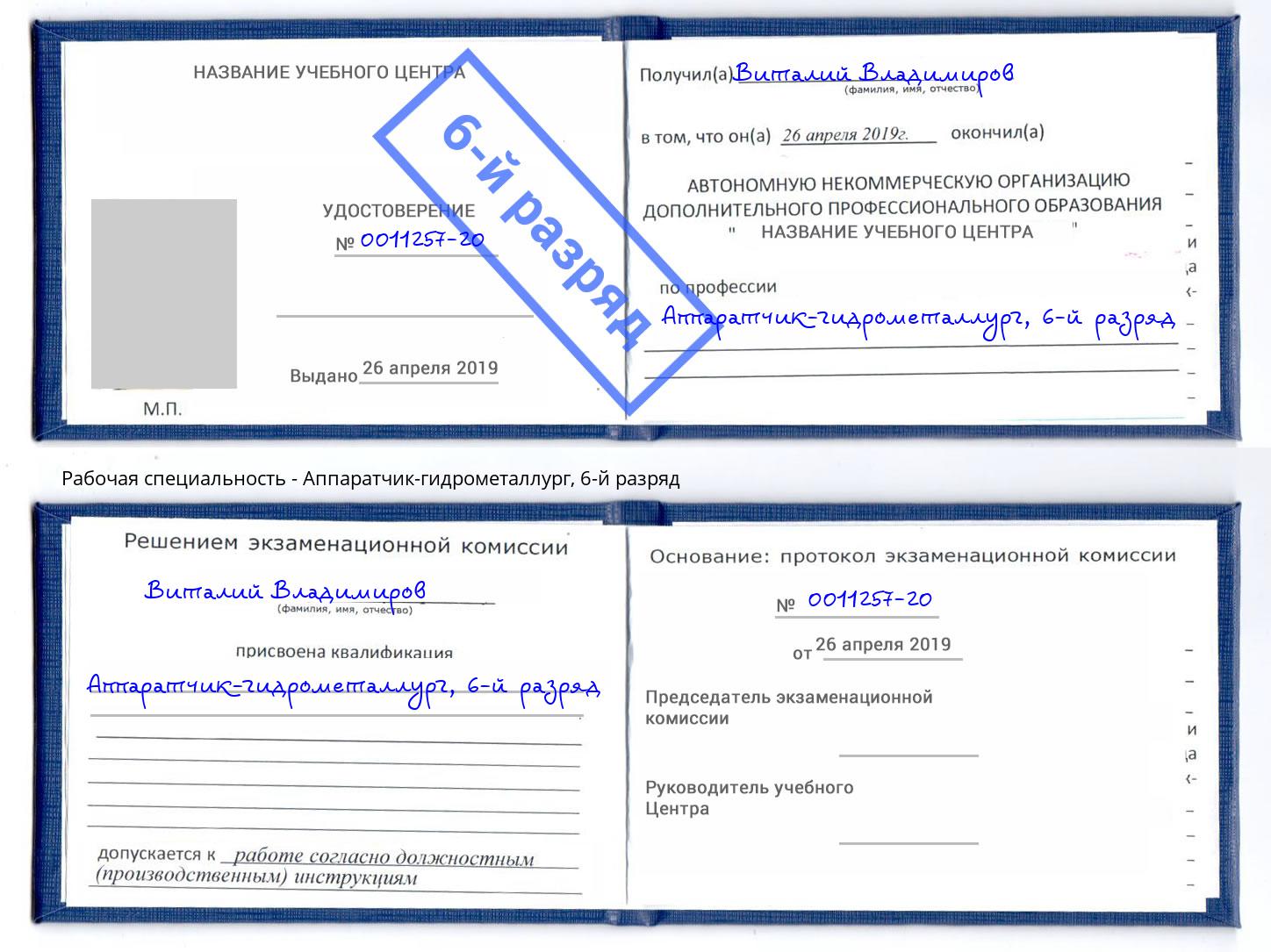 корочка 6-й разряд Аппаратчик-гидрометаллург Дмитров